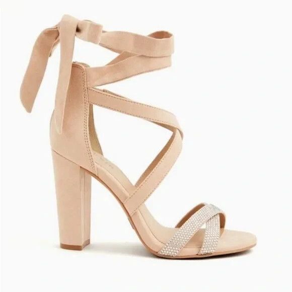 Torrid Nude Pink Embellished Rhinestone Lace up Ankle Strap Sandal Size 8.5 Wide - Picture 1 of 14